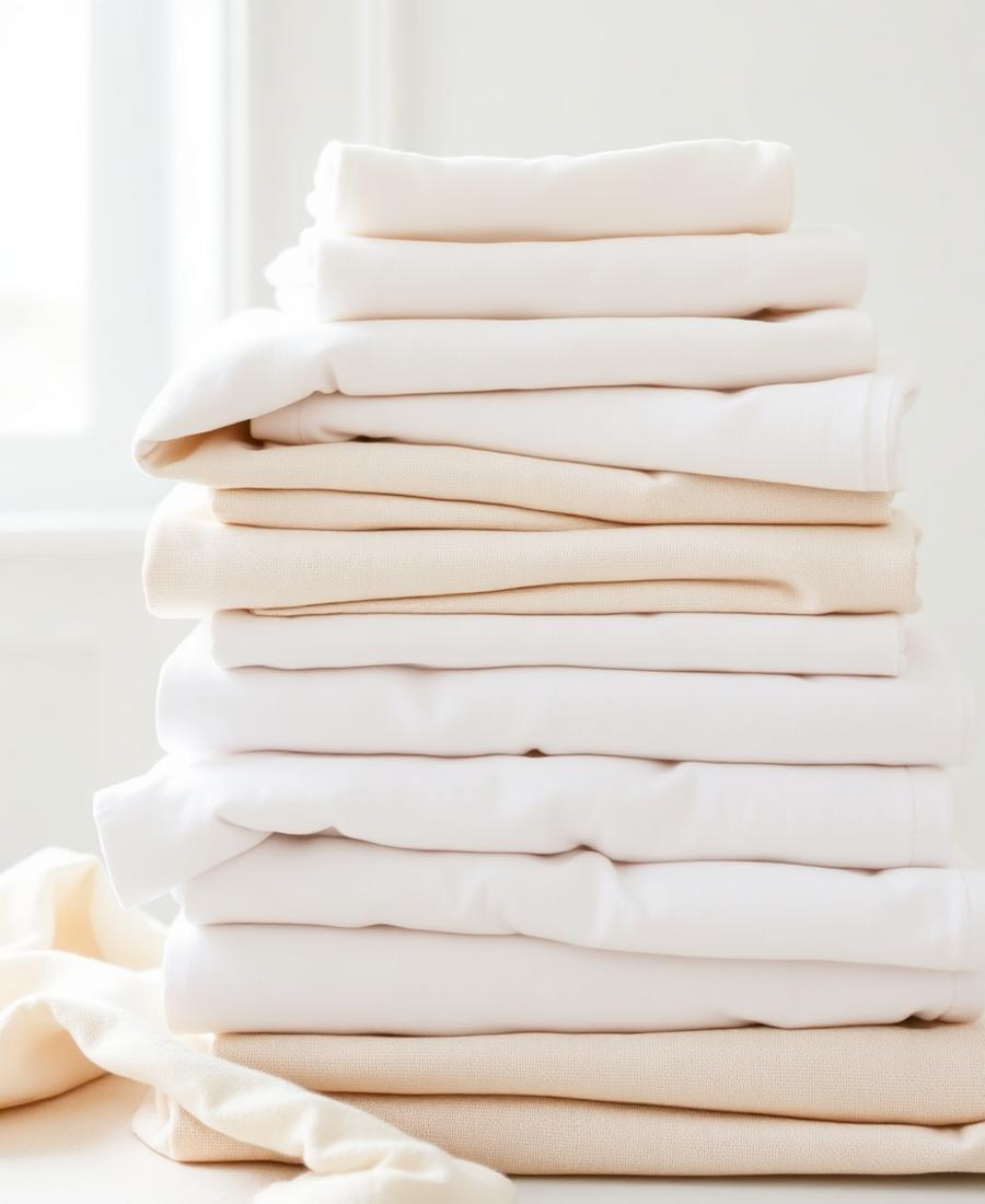 Neatly folded stack of washed linen and clothing